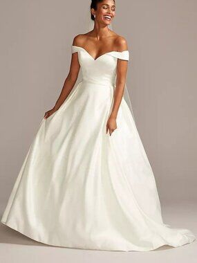 NWT David’s Bridal Off-Shoulder Satin Ball Gown Wedding Dress Ivory 4P Pockets